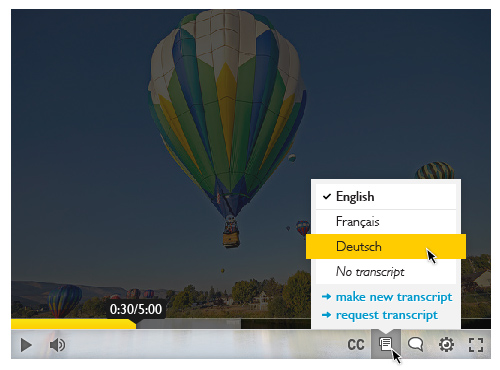 Screenshot of the Floe video player, showing different transcript localization options, as well as the option for
requesting different transcripts